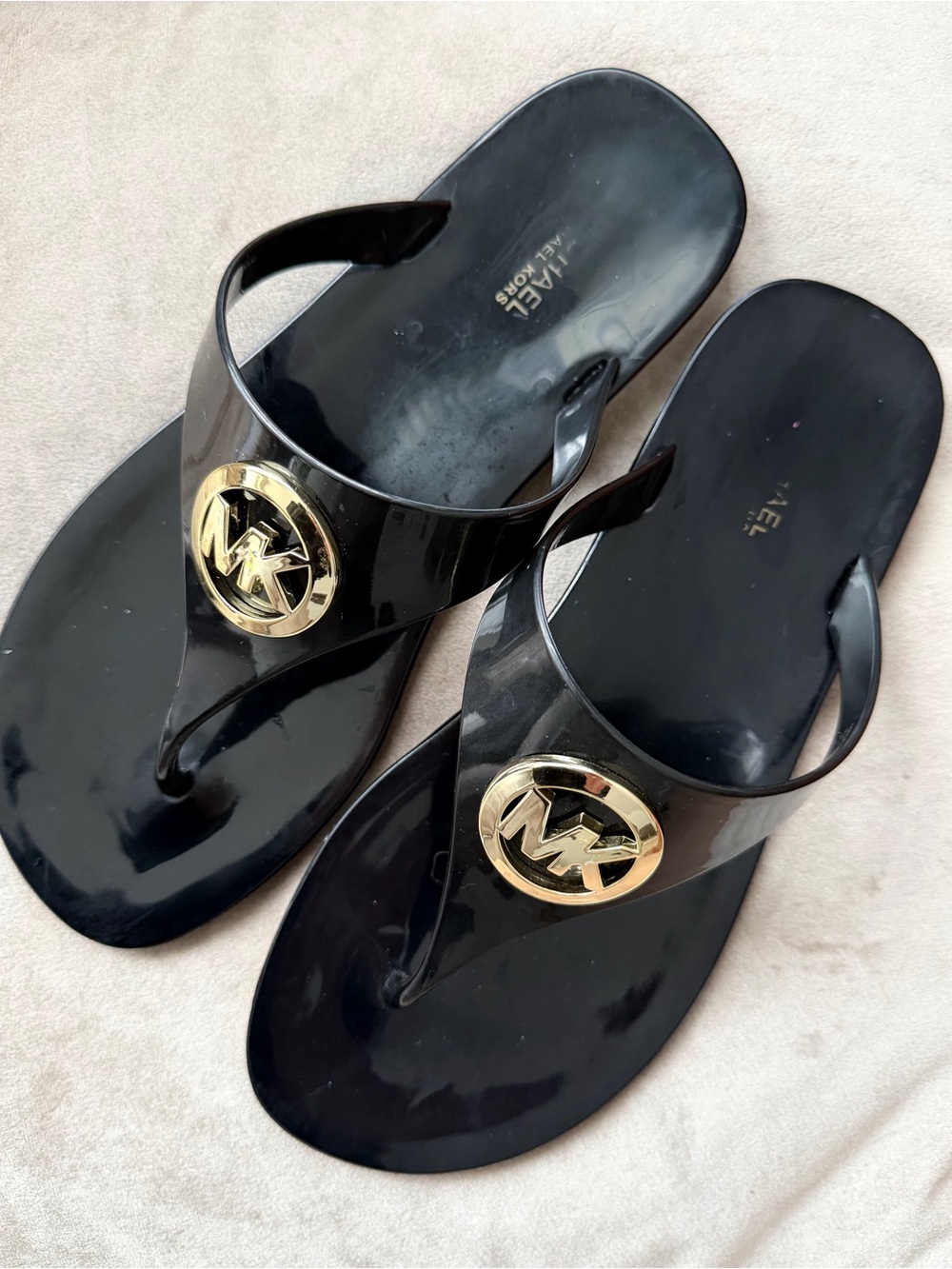 Michael Kors Black Jelly Thong Sandals with Gold MK Emblem